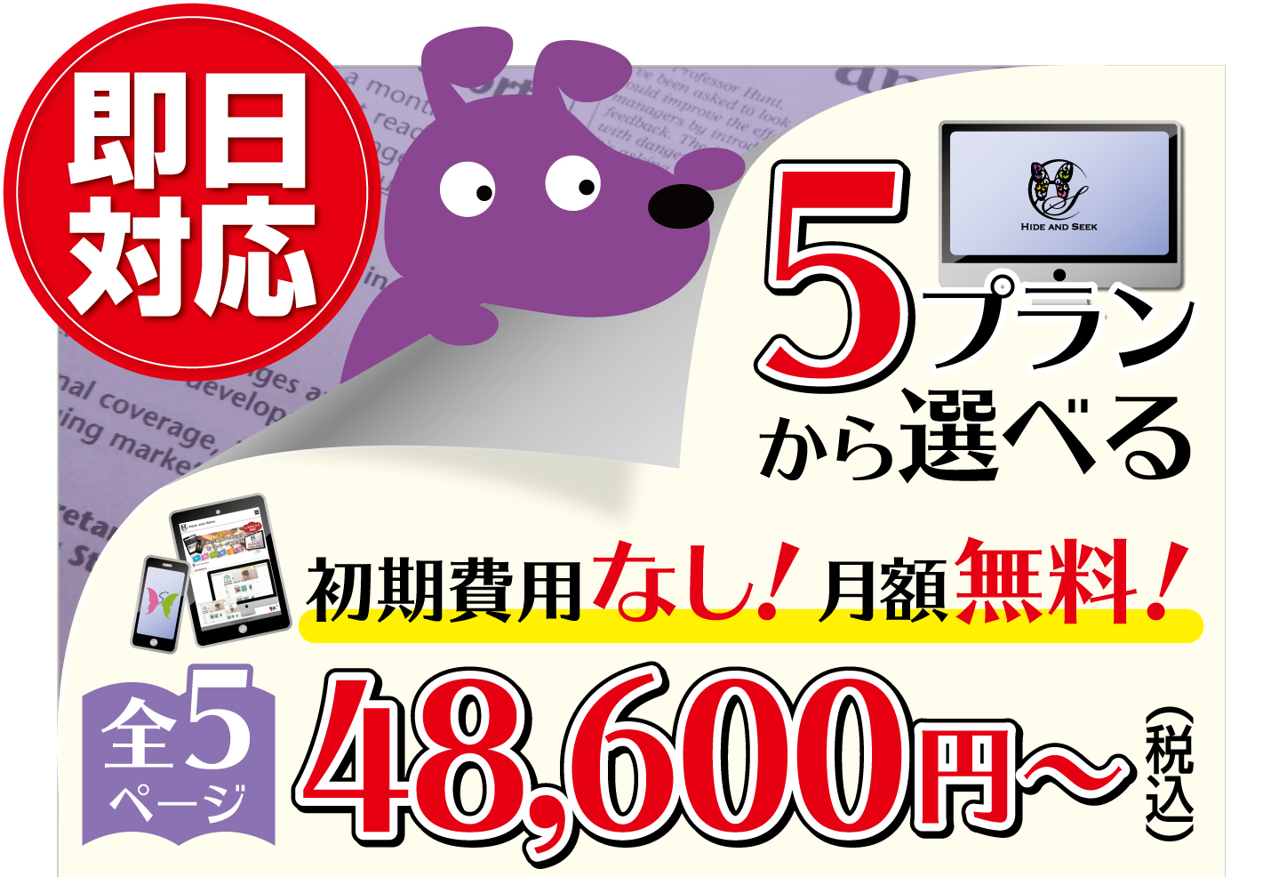 即日対応/初期費用なし/月額無料/全5ページ48600円(税込み)~